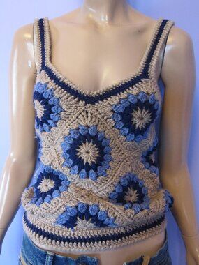 Vintage 70s GRANNY SQUARE CROCHET  VEST BLUE & BROWN BOHO HIPPIE FESTIVAL